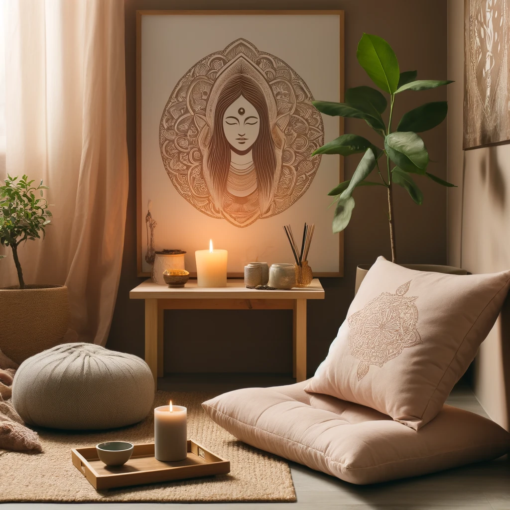tranquil meditation space in a home, ideal for mindfulness practices and reflecting a dedication to personal wellness