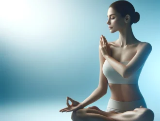 A beautiful woman in a yoga pose is featured against a soothing blue gradient background, capturing the essence of beauty, calmness, and self-care.