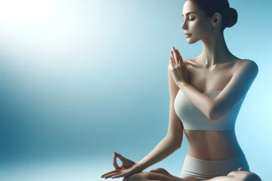 A beautiful woman in a yoga pose is featured against a soothing blue gradient background, capturing the essence of beauty, calmness, and self-care.