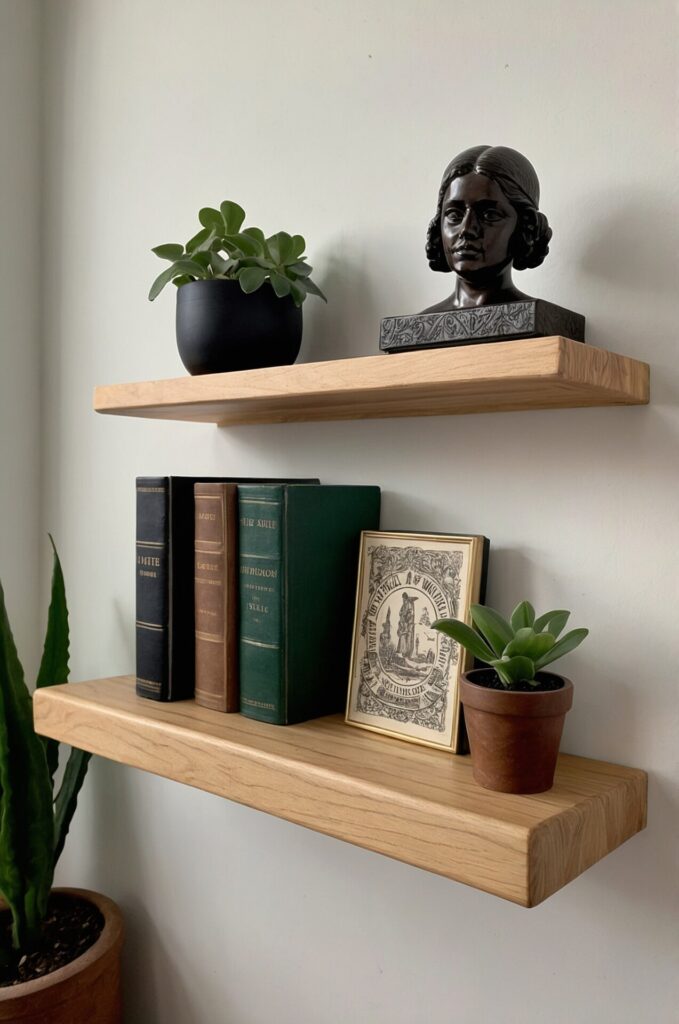 Two wooden floating shelves on a white wall, each holding decorative items. The top shelf has a black plant pot with green leaves and a dark-colored bust sculpture. The bottom shelf has three vintage books, a framed illustration, and a small potted plant. A larger plant in a terracotta pot is partially visible in the bottom left corner.