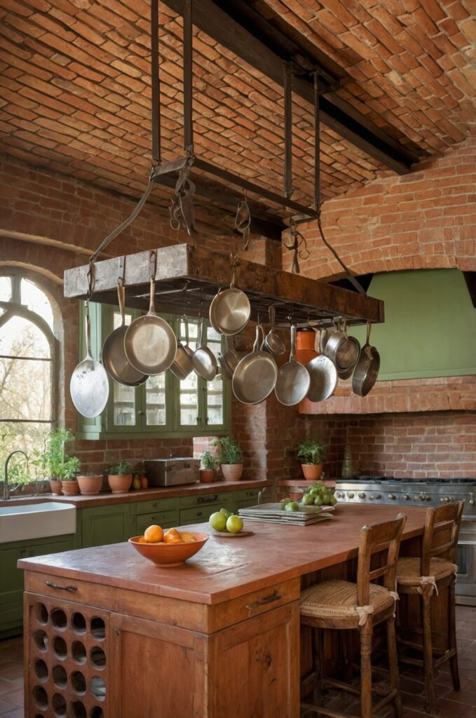 A rustic kitchen with exposed brick walls and a brick arched ceiling. An island in the center features a wooden countertop with a bowl of oranges and another with green apples. Above the island, a wooden pot rack hangs, displaying various pots and pans. The kitchen has green cabinetry with potted plants on the countertops. A large, farmhouse-style sink is located by the window, and a professional-grade stove with a green range hood is situated against the back wall. The space is filled with natural light from a large arched window.