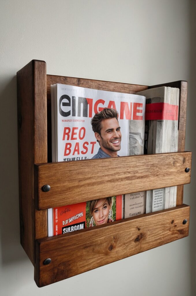 A wooden wall-mounted magazine holder with a rustic design. The holder is filled with various magazines and books, including a prominent magazine with a cover featuring a smiling man. The holder has two sections, each secured with black screws. The natural wood grain and simple design add a touch of warmth and functionality to the space. The background is a plain white wall.