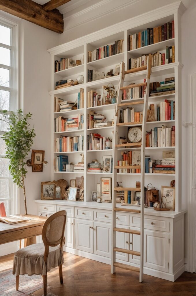 A cozy home library with a tall white bookshelf filled with a diverse collection of books and decorative items. A wooden ladder leans against the bookshelf, providing access to the upper shelves. Below the shelves, a white cabinet with multiple drawers and doors offers additional storage. A wooden desk with a cushioned chair is placed nearby, holding an open book and other reading materials. The room features a large window that lets in natural light, illuminating a potted plant and framed pictures on the cabinet. The floor is made of warm, textured wood, adding to the inviting atmosphere.