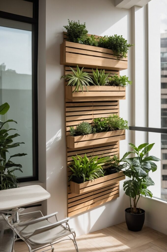 A bright indoor space featuring a vertical garden with wooden planter boxes mounted on a white wall. Each box is filled with various green plants, creating a lush, organized display. The room has large windows that allow natural light to flood in, enhancing the vibrant greenery. To the left, there's a modern chair and a small table, and a potted plant on the floor adds to the room's greenery. The floor is made of light-colored wood, complementing the natural aesthetic of the vertical garden.