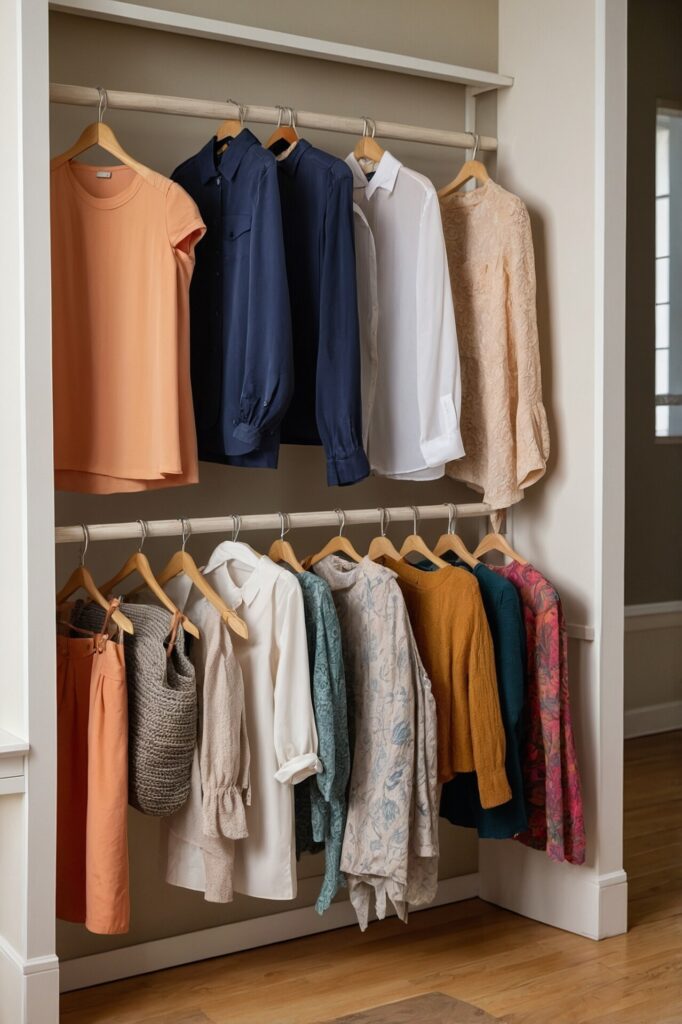 An organized closet featuring two rows of hanging clothes. The top row includes a variety of blouses and shirts in different colors, such as peach, navy blue, white, and beige. The bottom row displays more clothing, including a mix of sweaters, shirts, and pants in various shades and patterns. Each item is neatly hung on wooden hangers. The closet is framed by white shelves and the floor is made of light wood, adding to the clean and tidy appearance of the space.