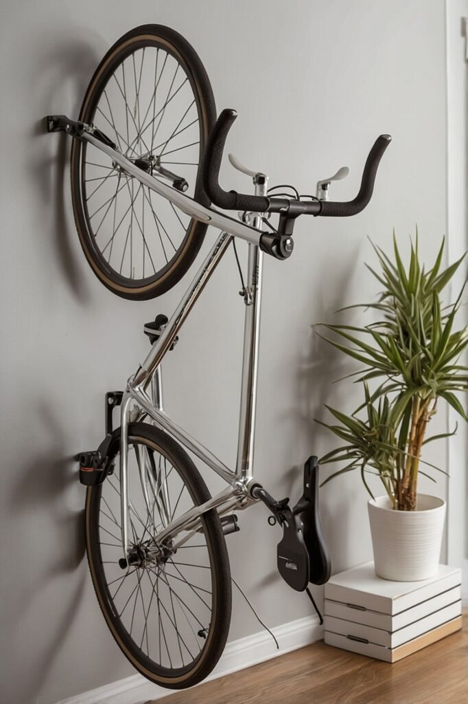 A sleek road bike mounted vertically on a wall using a wall hook. The bike has a silver frame and black handlebars and wheels. Below the bike, there is a potted plant in a white pot, placed on top of two stacked boxes. The room has light-colored wooden flooring and the wall is painted in a light gray shade, creating a modern and tidy look.