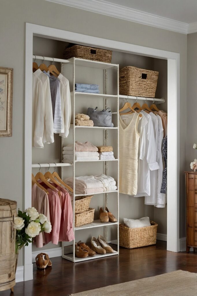 A neatly organized closet with a mix of hanging and folded clothes. The closet features two hanging rods: the left rod holds light-colored blouses and shirts, while the right rod holds a variety of white and pastel garments, including dresses and blouses. In the center, open shelves store neatly folded clothes, woven baskets, and shoes. The top shelf holds large wicker baskets for additional storage. The closet is framed by a white trim and is set against a light beige wall. The floor is a rich dark wood, adding contrast to the light and airy feel of the closet. A bouquet of white flowers in a vase is placed on the floor next to the closet, adding a touch of elegance to the space.