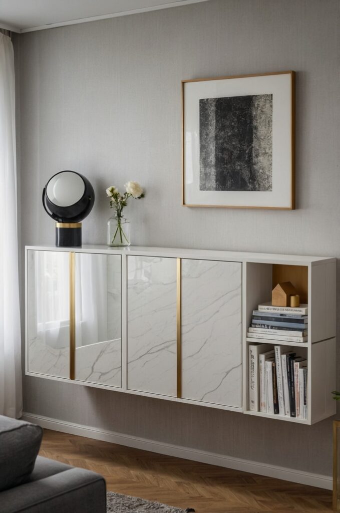 A modern living room with a white floating cabinet featuring marble-patterned doors with gold accents. On top of the cabinet, there is a black and white spherical lamp and a vase with white flowers. To the right, an open shelf displays a collection of books and small decorative items. Above the cabinet hangs a framed abstract artwork with black and gray textures. A gray sofa is partially visible in the bottom left corner.