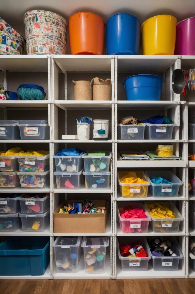 A well-organized storage area featuring white metal shelves filled with various colorful bins and boxes. The top shelf holds large bins in bright colors, such as orange, blue, yellow, and pink, as well as patterned containers. The middle and lower shelves contain clear plastic bins labeled with their contents, which include various arts and crafts supplies like yarn, fabric pieces, foam shapes, and more. The neatly arranged items provide an efficient and visually appealing storage solution, while the wooden floor adds warmth to the space.