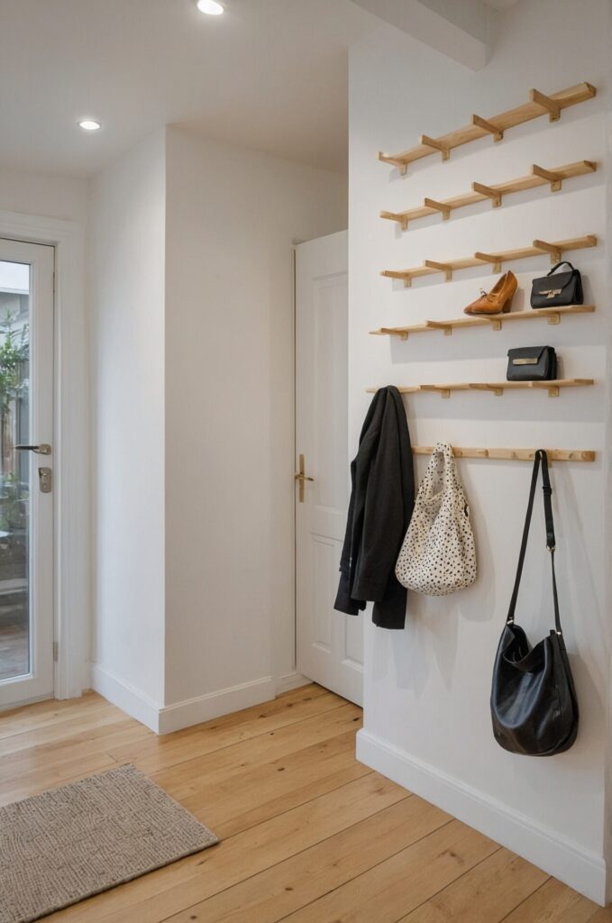 An entryway featuring vertical storage ideas with wooden peg racks on a white wall. The racks hold various items, including a black coat, a polka-dotted bag, a black handbag, a pair of orange shoes, and another black bag. The room has light wooden flooring and a door leading to an outside area. A beige rug is partially visible on the floor.