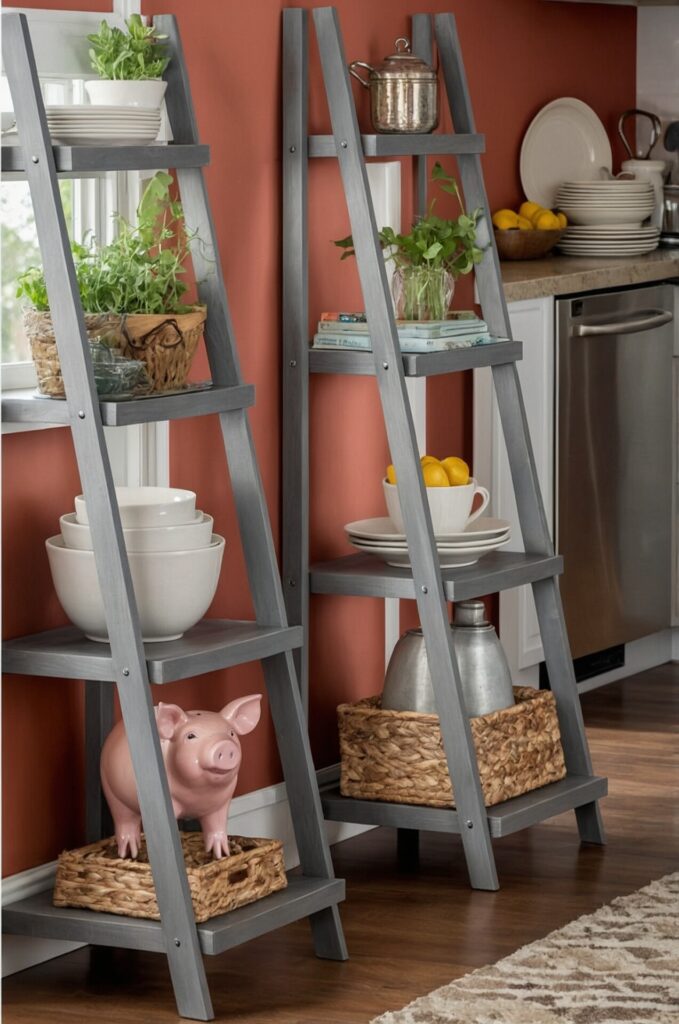 A kitchen corner showcasing vertical storage ideas with two gray ladder-style shelves against a coral-colored wall. The shelves hold a variety of items, including white bowls, plates, potted plants, a silver teapot, a pink ceramic pig, and woven baskets. The countertop nearby displays a bowl of lemons and stacked plates. The shelves and decor add a functional and aesthetic touch to the kitchen space.