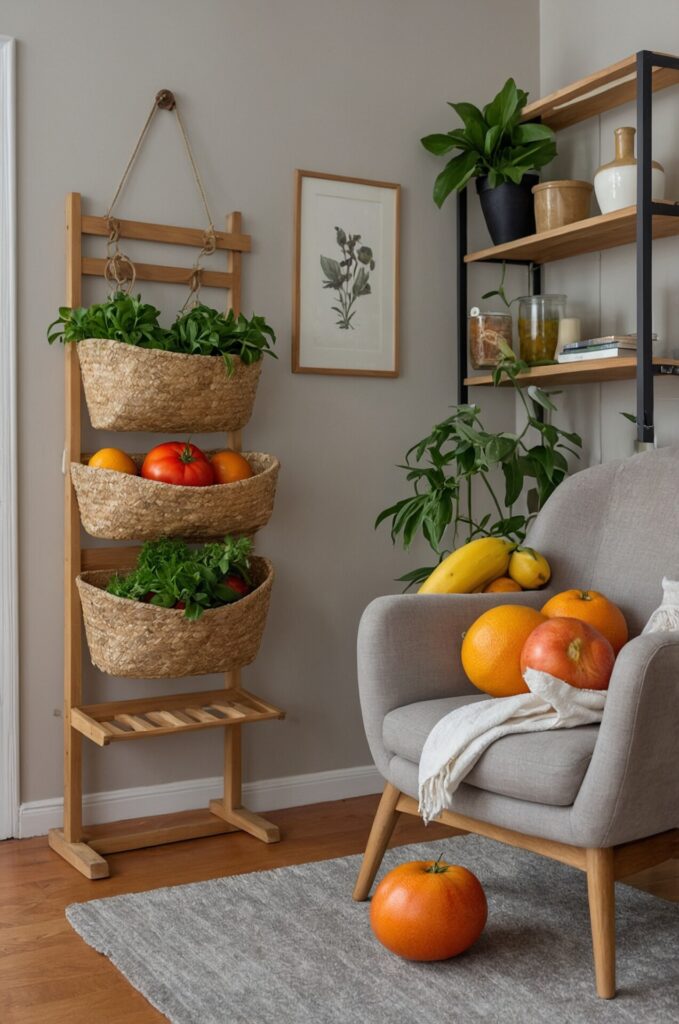 A cozy living room corner featuring a vertical storage unit with three woven baskets holding fresh produce, including greens, tomatoes, and oranges. A gray armchair is positioned nearby with various fruits, including grapefruit and bananas, placed on and around it. A framed botanical print hangs on the wall above the storage unit. To the right, a wooden shelf with black metal supports displays potted plants, books, and decorative jars. The room has warm wooden flooring and a gray rug.