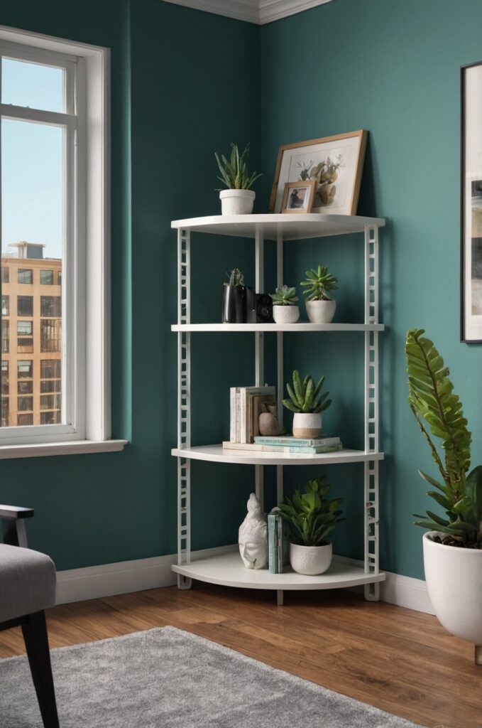 A stylish living room corner with a white corner shelf unit against a teal wall. The shelves display various potted plants, framed pictures, and books. The top shelf features a framed botanical print and a small photo frame. The lower shelves have a mix of succulents and books, with a white decorative statue on the bottom shelf. A large window on the left lets in natural light, and a gray rug covers the wooden floor. A tall potted plant is partially visible on the right side.