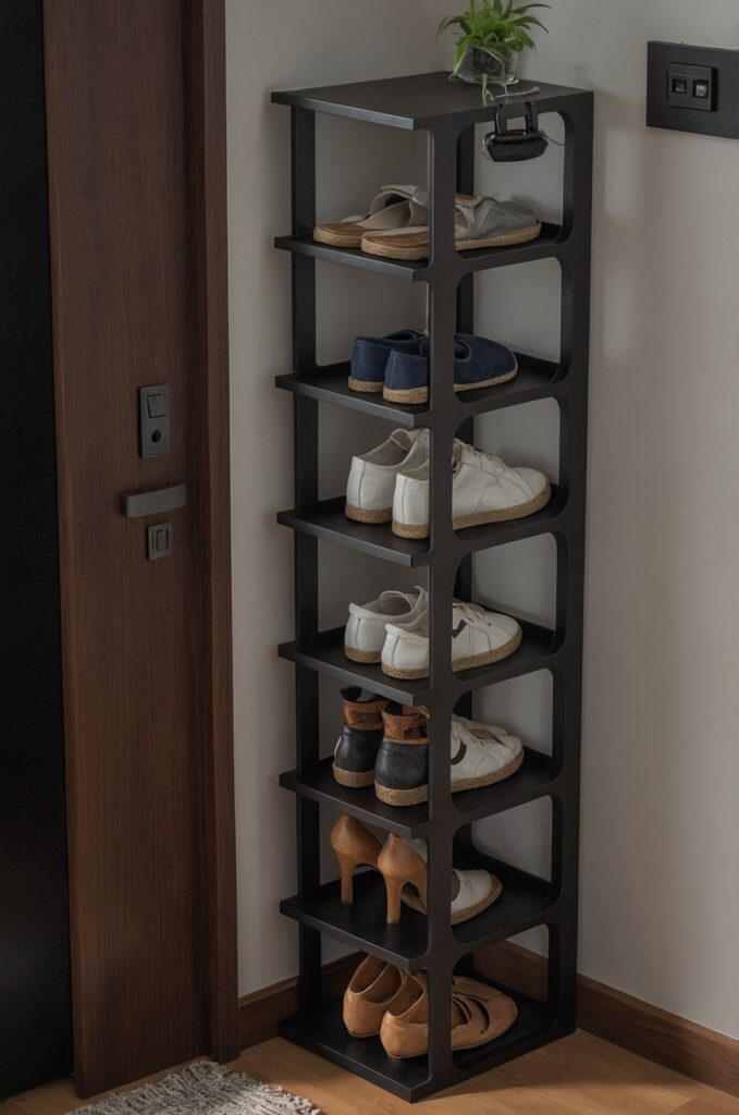 A compact shoe storage rack placed in the corner of a room. The black shelving unit features multiple pairs of shoes, including sneakers, loafers, and high heels, neatly organized on individual shelves. The top shelf holds a small potted plant and a set of keys. The unit is situated next to a wooden door with a light switch panel on the wall. The floor is made of light wood, and part of a woven rug is visible at the bottom.