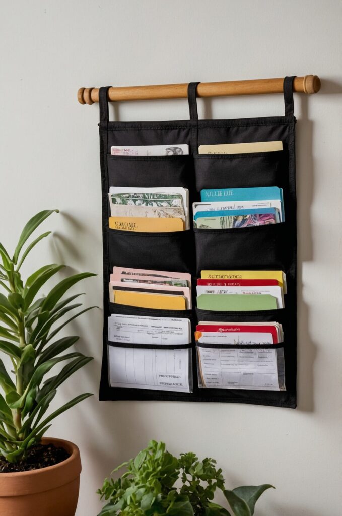 A wall-mounted black fabric organizer with multiple pockets, each holding various documents, folders, and envelopes. The organizer is hung on a wooden rod attached to the wall. To the left of the organizer, there are potted plants, including one in a terracotta pot and another with lush green foliage. The setup provides an efficient and visually appealing method for organizing paperwork.