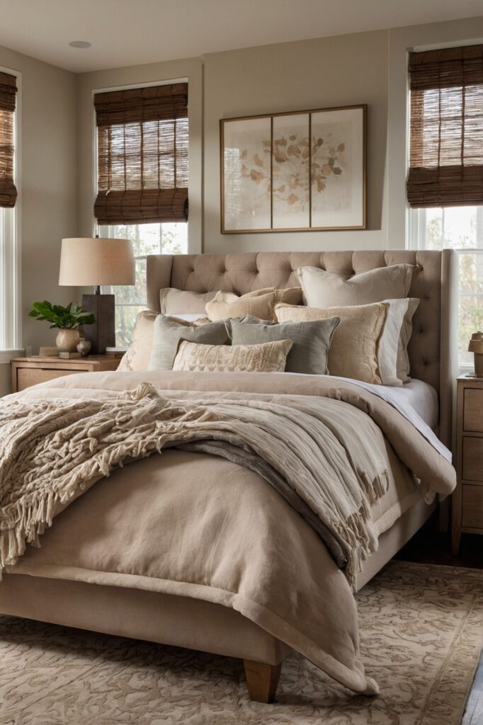 A beautifully styled guest bedroom with a focus on comfort, a bed layered with soft, high-quality linens, extra throw blankets, and an assortment of plush pillows, warm beige and taupe tones dominate the room, creating a soothing and welcoming atmosphere, a plush area rug adds warmth underfoot, soft natural light streaming through a partially open window