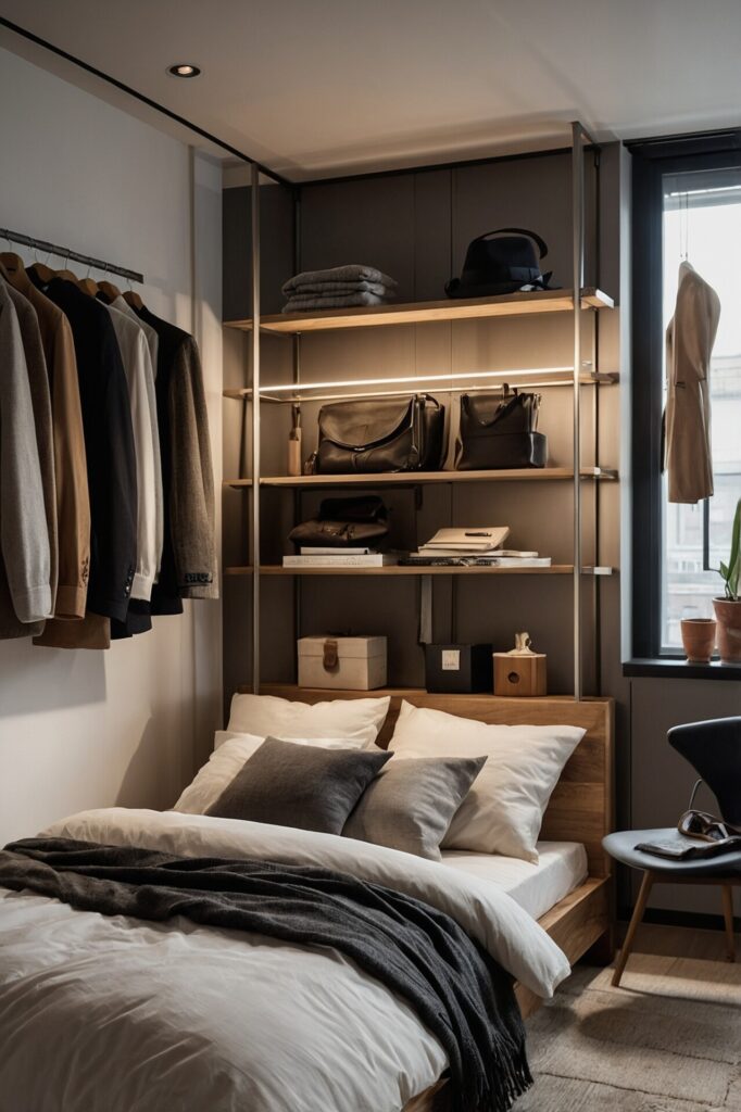 Modern and compact bedroom featuring a neatly made bed with white and grey bedding, flanked by an open shelving unit that holds folded clothes, leather bags, and books. A rail with hanging jackets adds a stylish touch, while a small chair with glasses and a potted plant by the window enhances the room's minimalist and organized aesthetic.