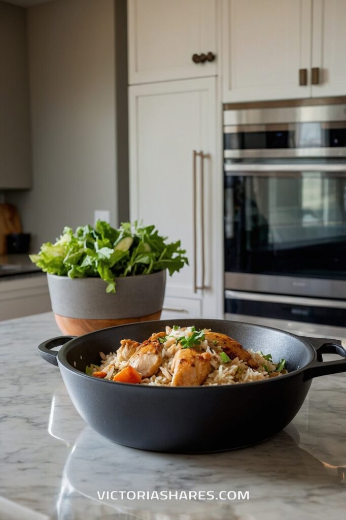 Pan of cooked chicken and vegetables over rice on a marble kitchen counter, with a bowl of fresh greens in a small kitchen space.