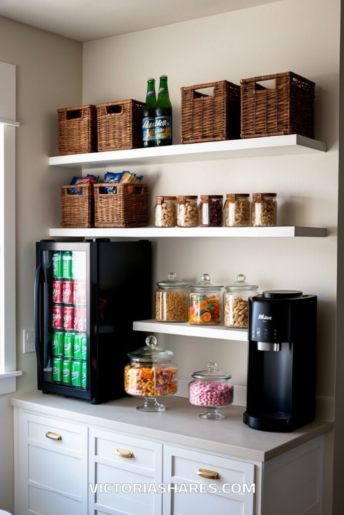 Beverage and snack station in a small apartment with neatly organized wicker baskets, glass jars of snacks, mini fridge, and coffee maker.