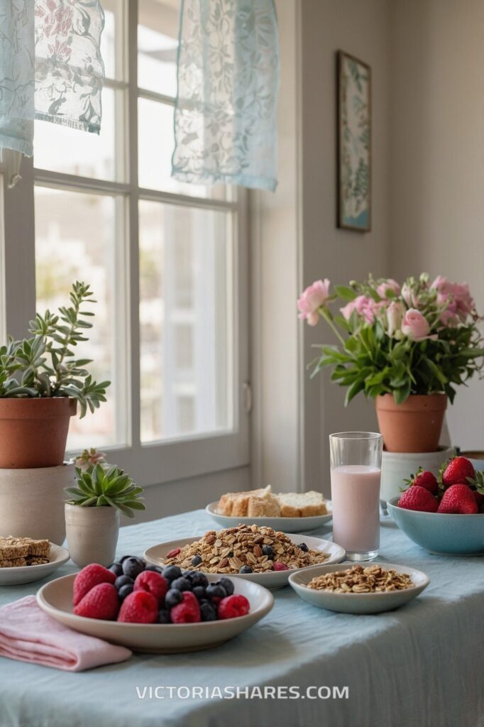 Breakfast spread featuring fresh berries, granola, and pink smoothie on a table decorated with succulents and flowers near a bright window. Seasonal Entertaining Ideas for Small Apartments