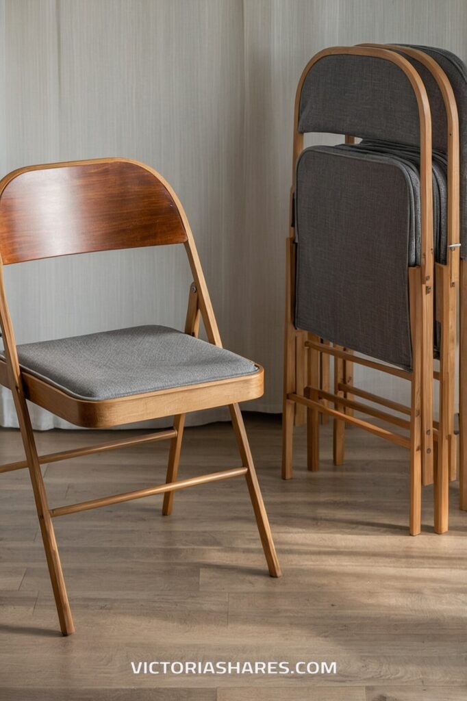 A wooden folding chair with a padded grey cushion is set up next to a stack of identical folded chairs, offering a compact seating solution for small apartments.