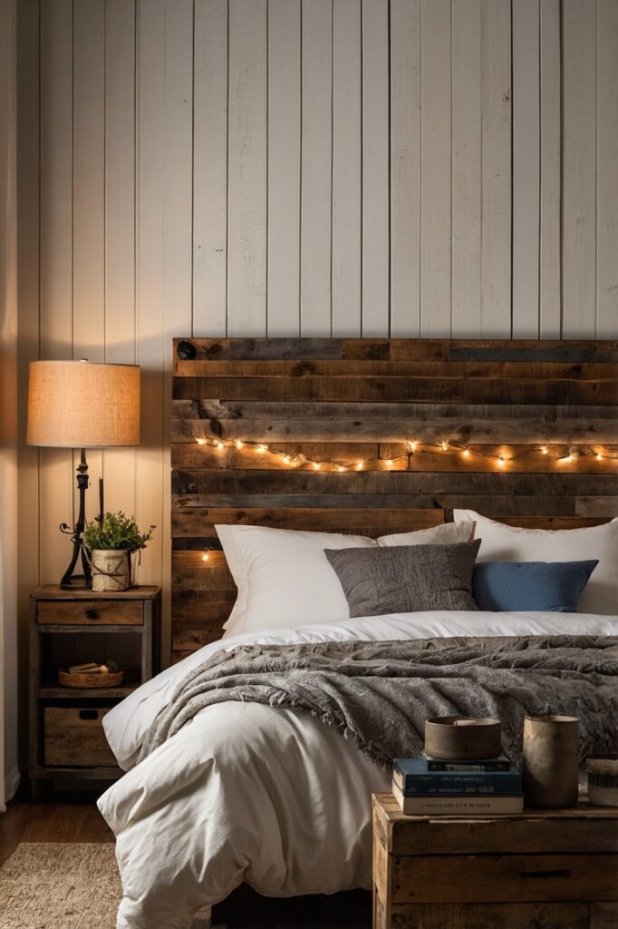 A rustic reclaimed wood headboard, crafted from salvaged wood with a natural, weathered look, mounted horizontally behind a bed, surrounded by cozy farmhouse-style bedroom decor, warm and inviting atmosphere, soft lighting casting gentle shadows