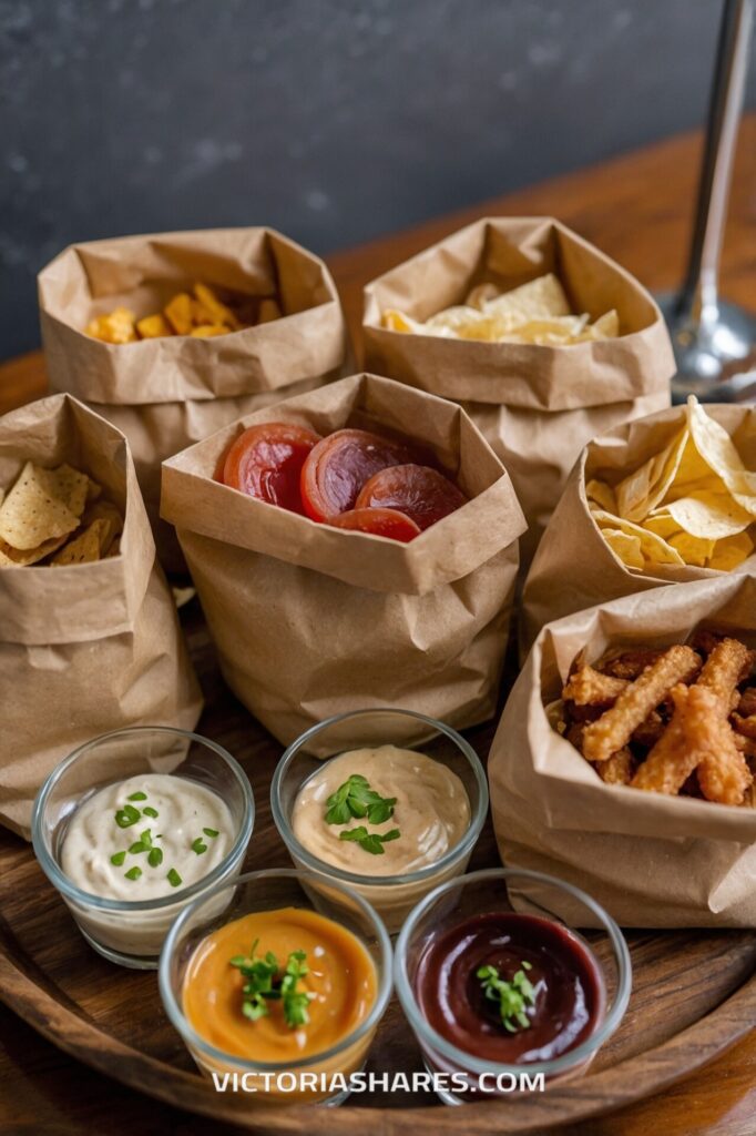 Bags of assorted snacks, including chips and fried strips, served with a variety of dipping sauces in glass bowls on a wooden tray. Quick Cleanup Tips.