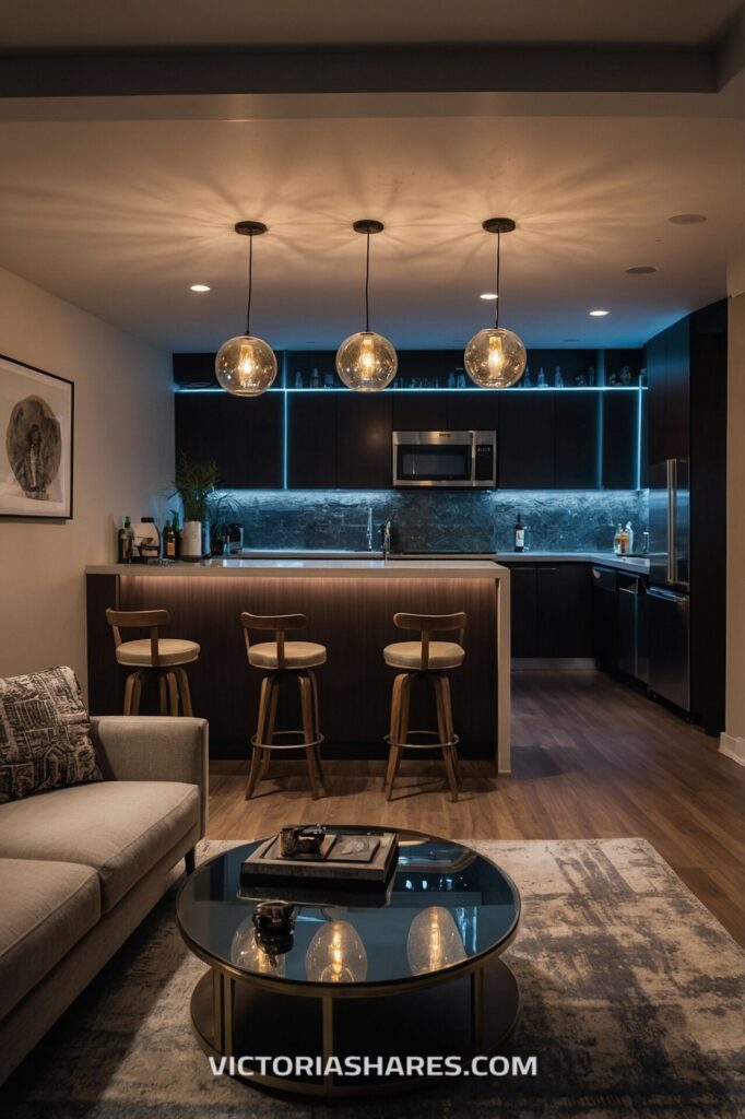 A modern small apartment kitchen and living space featuring pendant lighting, a sleek kitchen island with stools, and a cozy seating area.