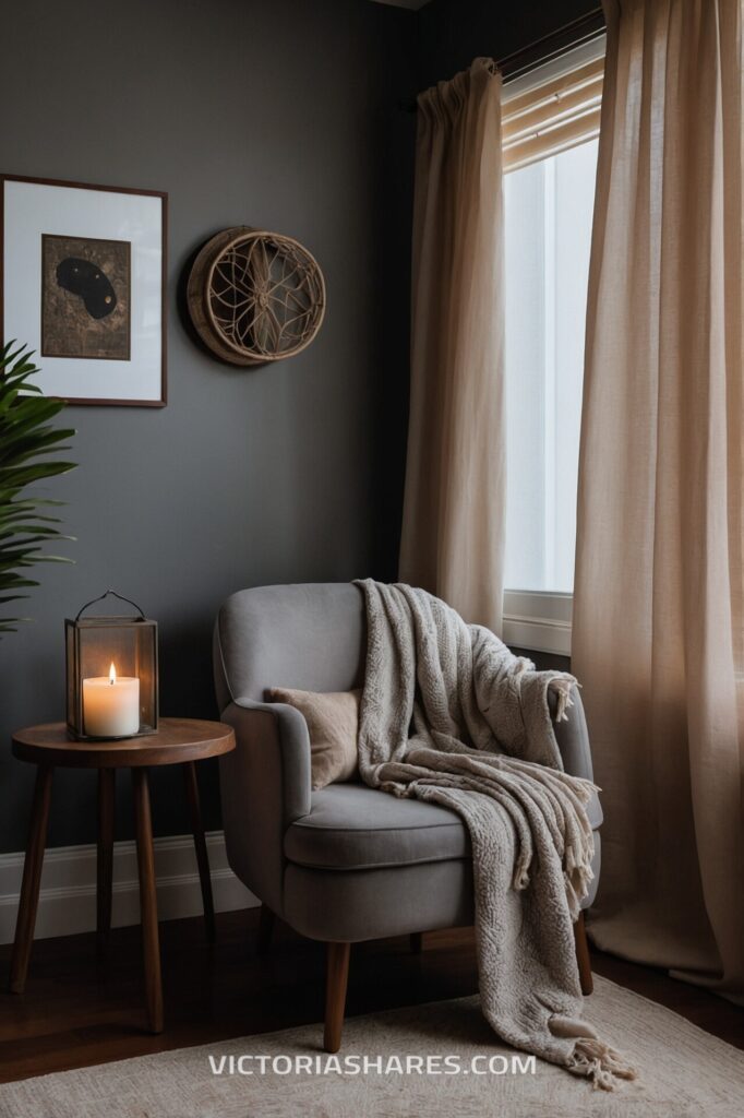 Cozy small space spa corner featuring a soft armchair, draped blanket, warm candle, and natural decor by a window with light curtains.