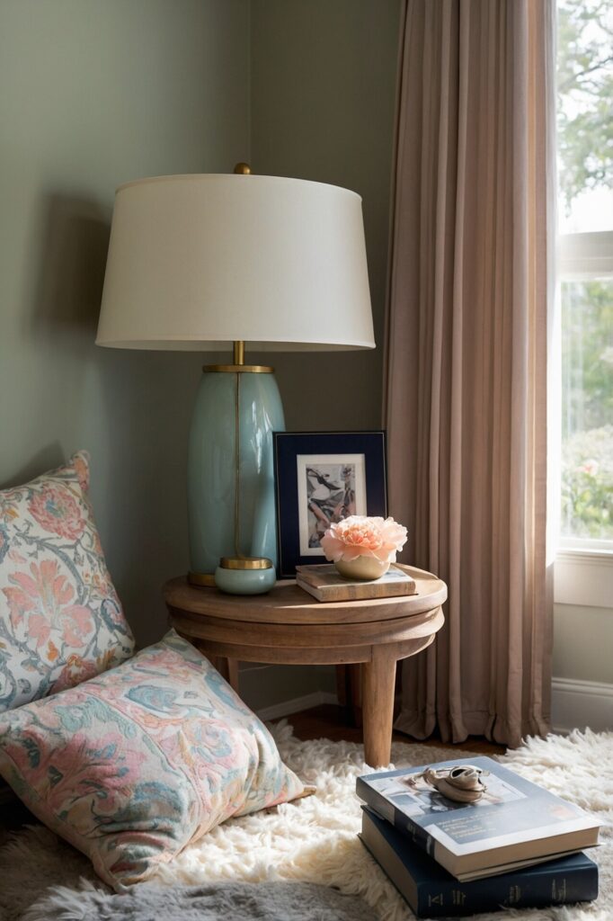 An inviting guest room designed with a private reading nook, featuring a comfortable chaise lounge with a variety of cushions, a small wooden side table holding a decorative reading lamp and a collection of books and magazines catering to different interests, a fluffy throw blanket adds warmth and texture, the nook is set against a backdrop of soothing pastel colors, creating a serene and restful space