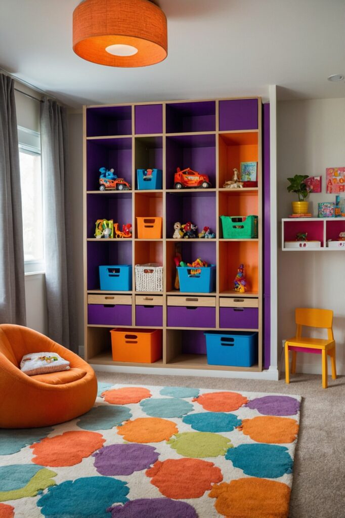 Bright and playful children's room with vibrant colors, featuring a large shelving unit with purple and orange cubbies filled with colorful storage bins, toys, and books. The room includes a soft, colorful polka dot rug, an orange cushioned chair, and a small yellow chair, creating a cheerful and inviting space for play and learning. The decor is complemented by a bold orange ceiling light and playful wall art, adding to the room's lively and fun atmosphere.