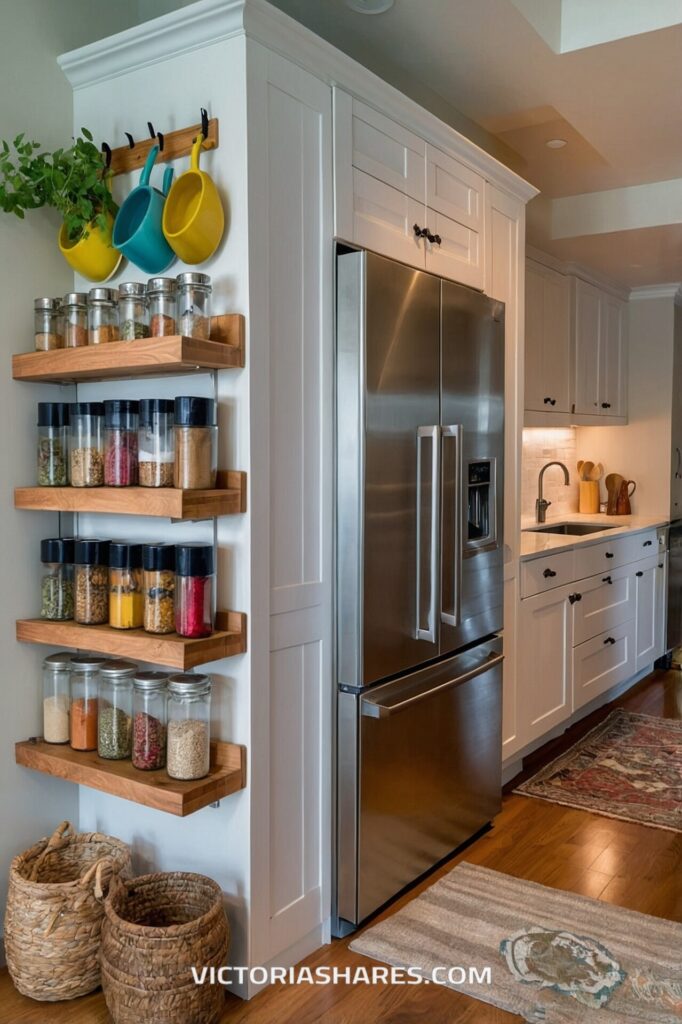 A stainless steel fridge is flanked by wall-mounted shelves holding jars of spices and grains, with colorful pans hanging above, creating an efficient small kitchen layout.