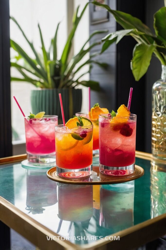 Vibrant fruit cocktails garnished with citrus and berries, set on a reflective table near lush greenery, creating a refreshing, tropical vibe. Seasonal Entertaining Ideas for Small Apartments