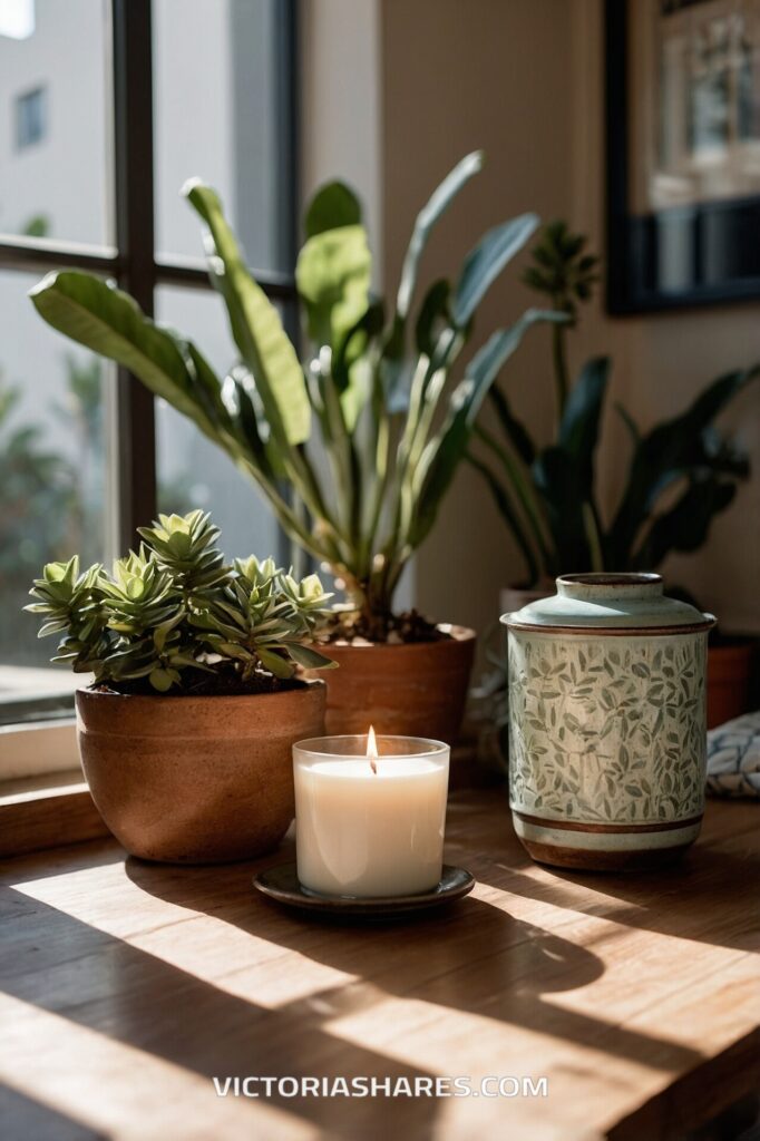 Sunlight shines through a window, illuminating a small candle, potted plants, and a decorative jar on a wooden surface, inviting a quick cleanup for dust.