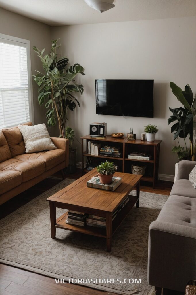 A cozy, small apartment living room with a wall-mounted TV, a tan leather sofa, a gray couch, wooden furniture, and indoor plants creating a warm atmosphere.