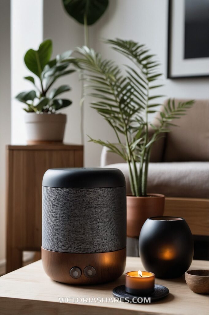 Small space spa ambiance with a sleek diffuser, lit candle, and potted plants creating a calm, nature-inspired relaxation corner.