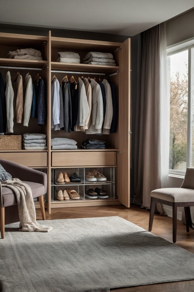 Modern and neatly arranged bedroom with a spacious wooden wardrobe featuring open doors. Inside, clothes are organized on hangers, with folded sweaters and other garments on the upper shelves, and shoes neatly stored in clear compartments below. A soft grey rug covers the wooden floor, and a cozy armchair with a draped blanket is positioned near a large window with sheer curtains, creating a calm and orderly atmosphere.