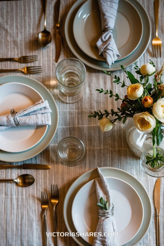 A neatly set dining table with folded napkins, elegant dishware, gold-toned cutlery, and a vase of fresh flowers, perfect for intimate small kitchen gatherings.