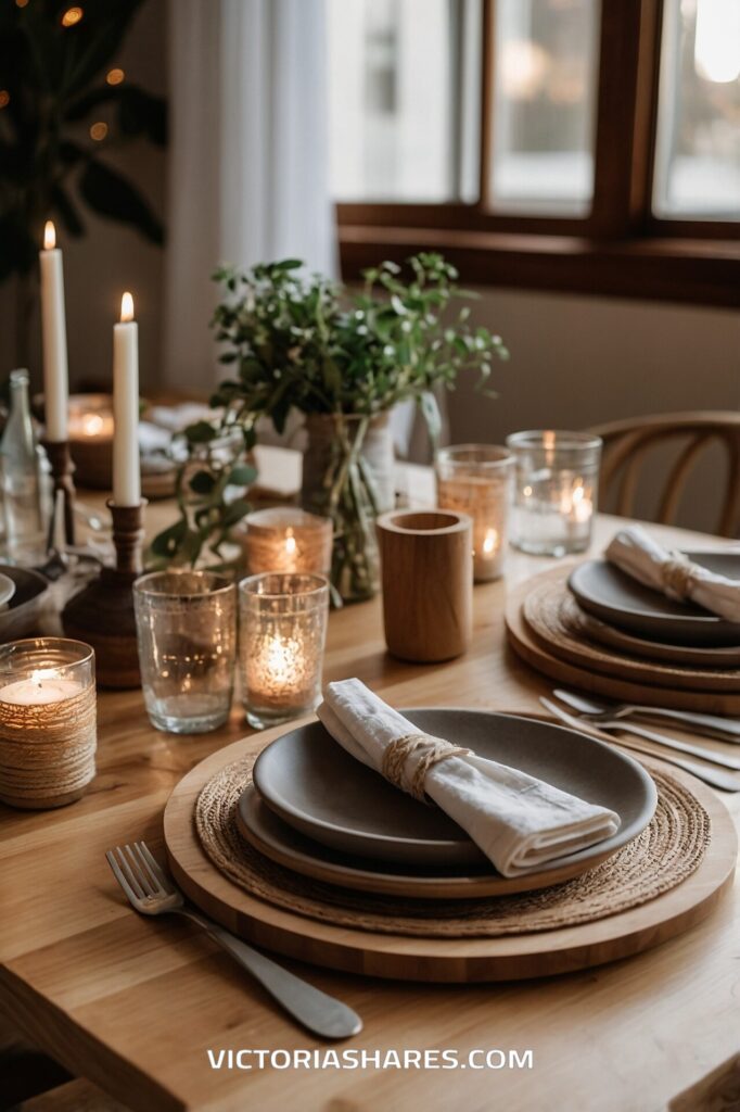 Elegant dinner table setting in a small apartment, featuring rustic plates, candles, and greenery, creating a warm and intimate dining atmosphere.