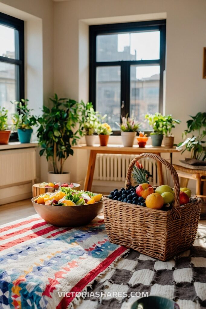 Bright, plant-filled apartment with a colorful picnic spread featuring a basket of fresh fruit and a salad bowl on a patterned blanket. Seasonal Entertaining Ideas for Small Apartments