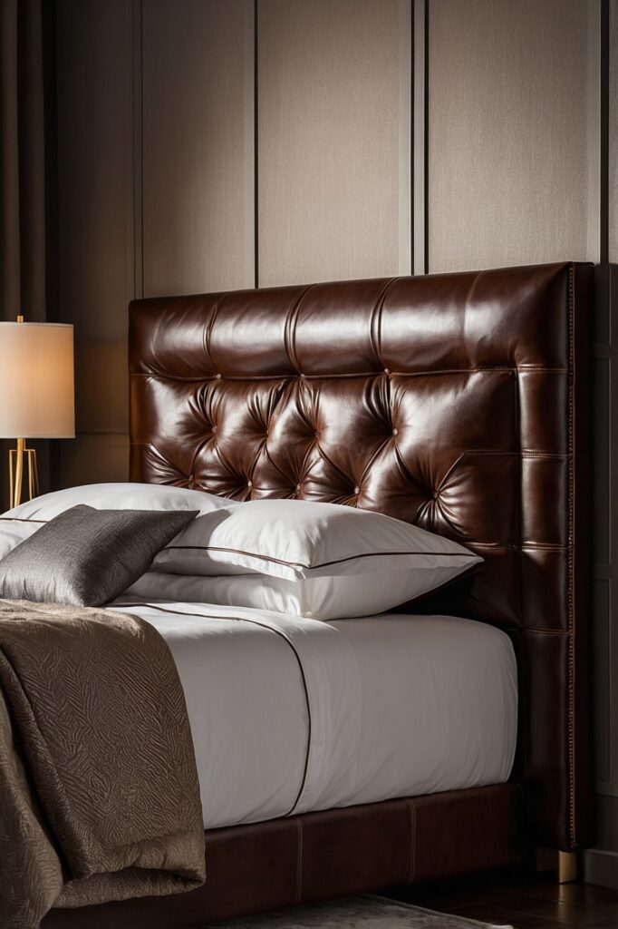 A luxurious leather headboard in rich brown genuine leather with padded sections, mounted behind a bed in a sophisticated bedroom with warm, neutral tones and elegant decor, soft ambient lighting enhancing the texture and richness of the leather