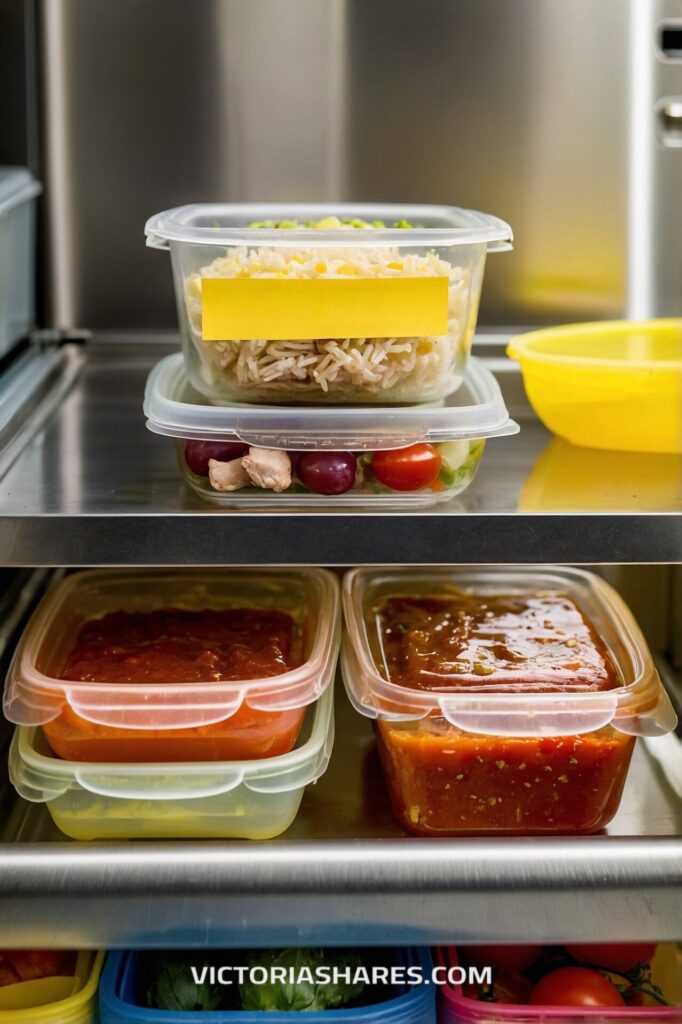 Plastic containers filled with rice, salad, and sauces are neatly arranged on refrigerator shelves, signaling a quick cleanup to maintain freshness.