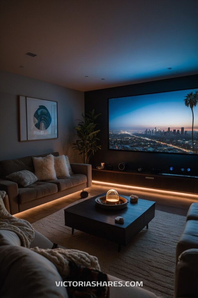 A stylish small apartment home theater with a large screen, cozy couches, warm accent lighting, and a coffee table centerpiece, creating an inviting cinematic experience.