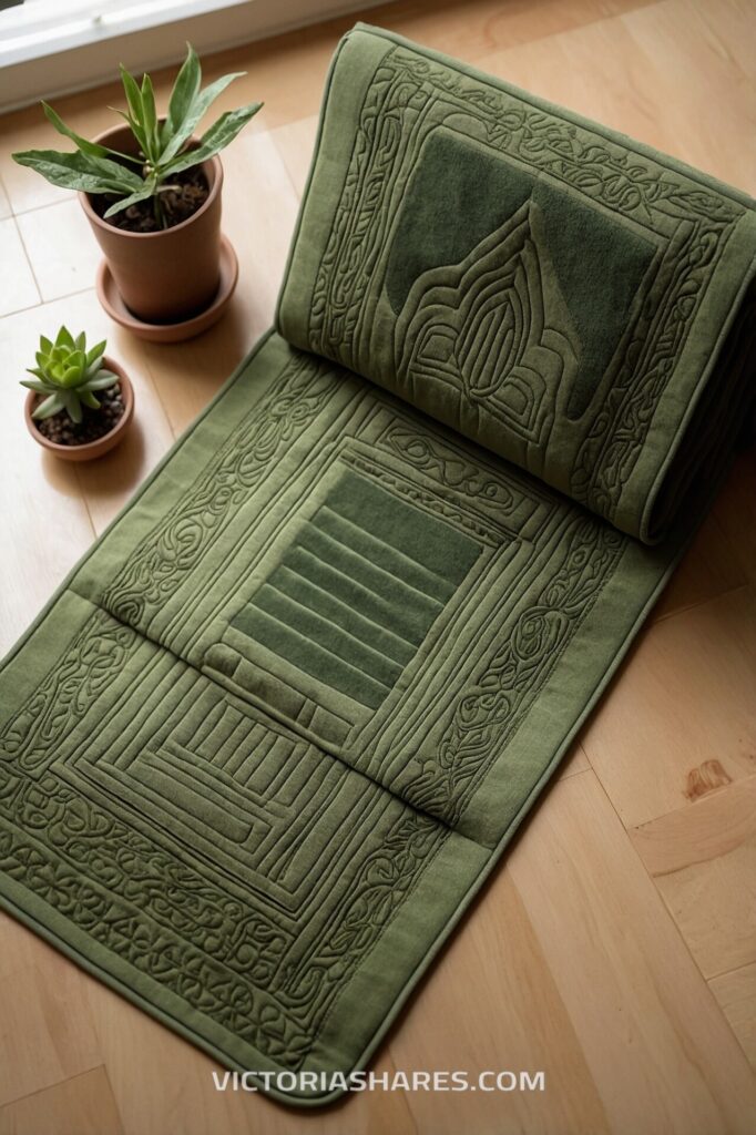 Plush green mat with intricate patterns, paired with potted succulents, creating a serene small space spa atmosphere on a wooden floor.