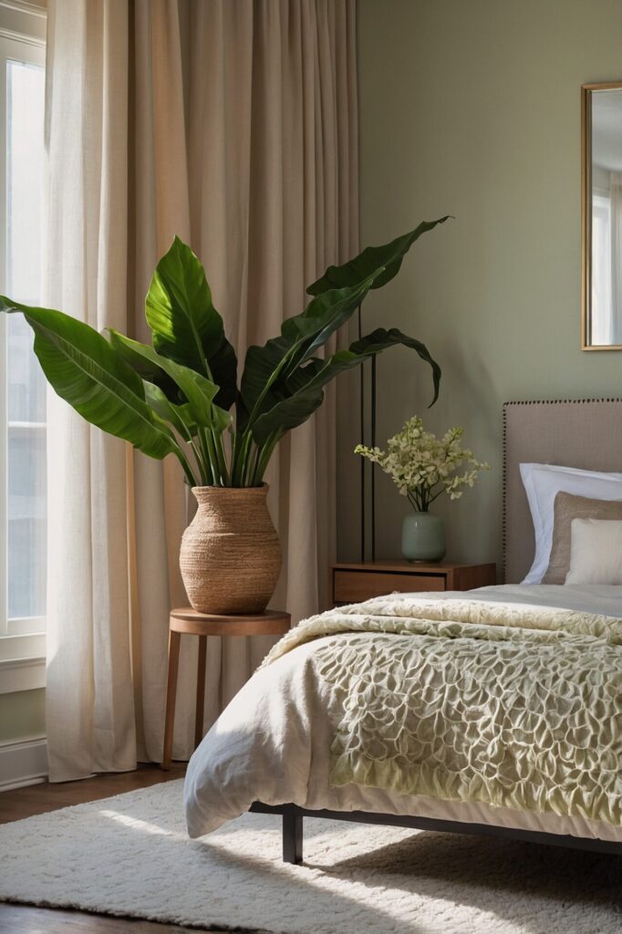 An inviting guest room designed with a focus on tranquility, incorporating indoor plants such as peace lilies and succulents for easy care and a natural touch, a small potted plant on a bedside table and a larger floor plant near the window enhance the room's aesthetic, the soft pastel color palette and minimalist decor allow the greenery to stand out, creating a serene and welcoming environment, photorealistic interior style