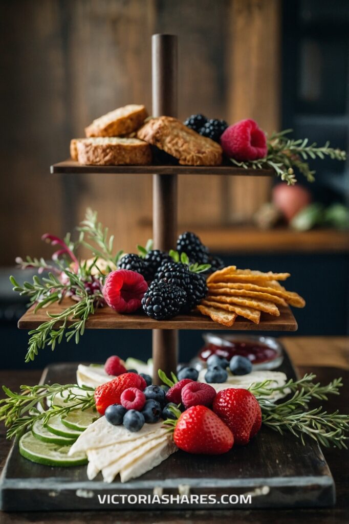 A two-tiered wooden tray holds an elegant assortment of crackers, berries, cheese, and herbs, creating a visually appealing snack display for small kitchen entertaining.