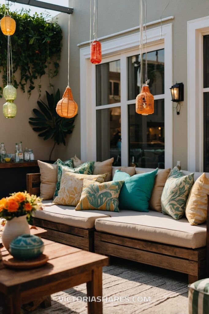 Inviting outdoor patio with cushioned seating, colorful pillows, hanging lanterns, and lush plants, creating a cozy, vibrant space for entertaining. Seasonal Entertaining Ideas for Small Apartments