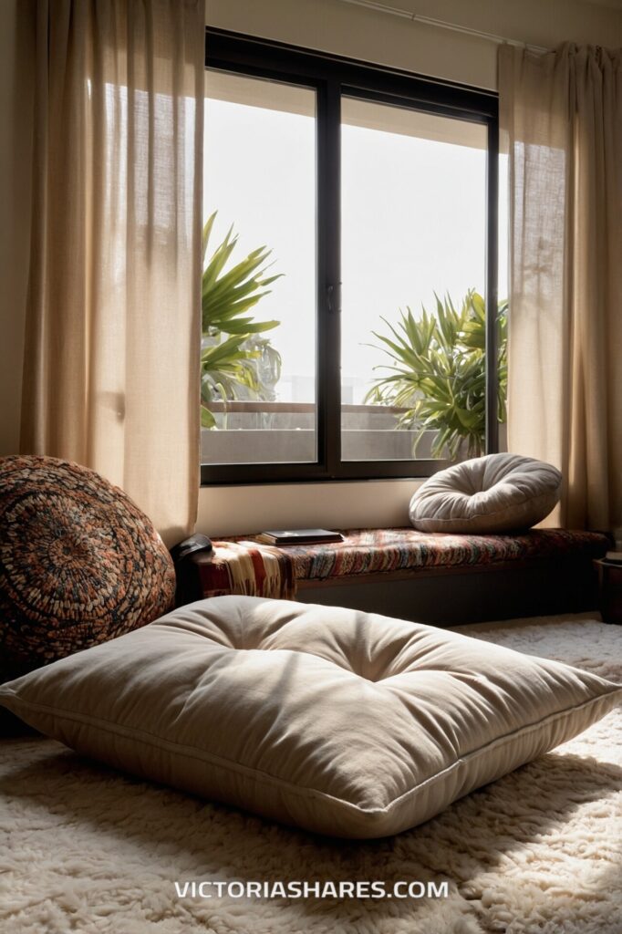 A cozy seating area with large floor cushions and a window bench draped in a colorful throw, creating a relaxed and comfortable nook perfect for small apartment living.