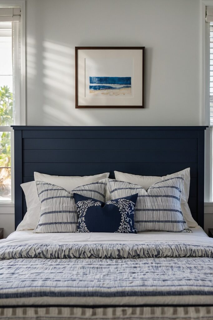 A bold navy blue shiplap headboard with distinctive horizontal planks, installed securely on the wall in a modern coastal-themed bedroom, complemented by light, airy linens and minimalistic furniture, natural sunlight highlighting the texture and color