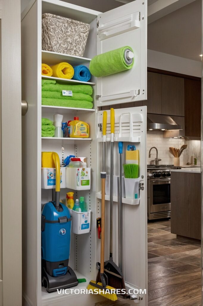 A neatly organized cleaning closet with brooms, a vacuum, towels, and cleaning supplies, all ready for a quick cleanup around the kitchen.